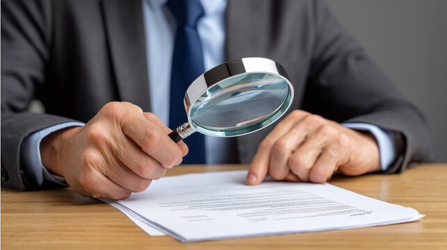 Businessman Examining Document with Magnifying Glass for Audit or Inspection