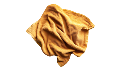 A crumpled mustard fabric cloth with visible folds and textures isolated on white background