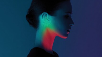 In privacy of 5G era, woman showcases modern earrings with vibrant colors illuminating her profile, creating striking visual impact