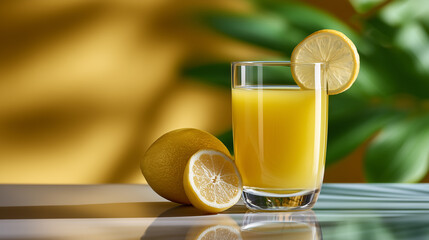 Fresh Lemon Juice in Glass with Slice and Whole Fruit on Reflective Surface