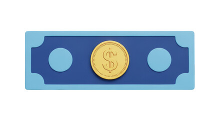 Stylized illustration of a blue banknote with a gold coin featuring a dollar sign in the center isolated on transparent background
