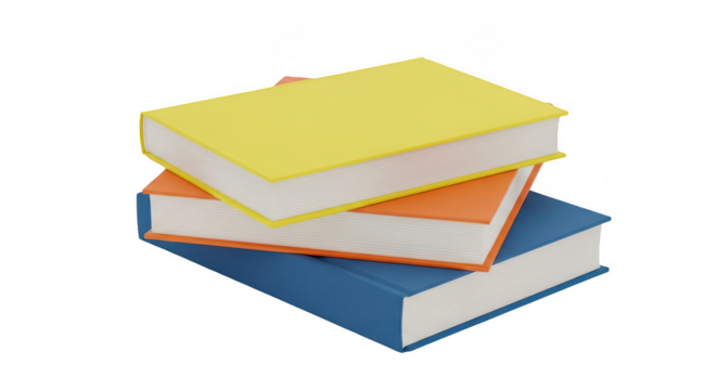 Stack of three colorful hardcover books with yellow orange and blue covers and white pages isolated on transparent background