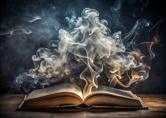 Mysterious open book emitting wisps of glowing magical smoke and ethereal energy on a dark wooden surface