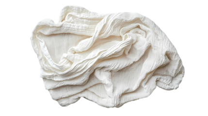 A crumpled white fabric cloth with visible folds and textures isolated on white background