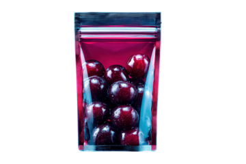 Dark Red Juicy Cherries in Transparent Zip Lock Bag with Blue Scoop on Transparent Background