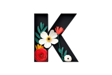 Black Letter K Filled with Colorful Flowers and Green Leaves Artistic Floral Design