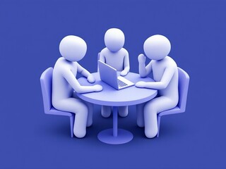 Three stylized figures in a business meeting with a laptop computer