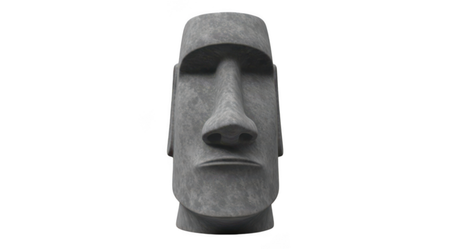 Ancient monolithic stone statue moai from easter island with stoic expression and weathered texture isolated on transparent background