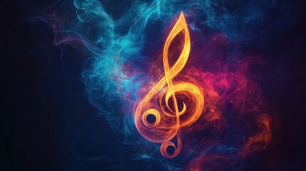 Fiery treble clef in vibrant smoke, dark background, music concept