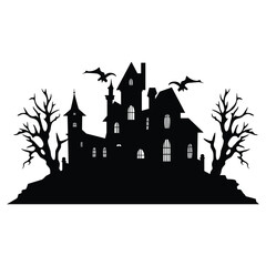 Vector art of silhouette of a haunted house with bats and dead trees