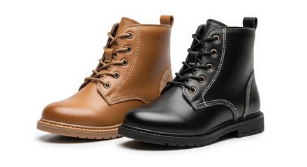 Pair of stylish leather combat boots in black and tan on white background