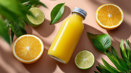 Fresh Orange and Lime Juice Bottle with Tropical Leaf on Beige Background