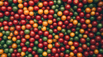Colorful cherry tomatoes harvest, farm market, abundant crop, food background, recipe