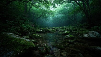 Obraz premium Lush, green forest scene featuring a clear stream flowing over moss-covered rocks. Dense foliage creates a dark, moody atmosphere with hazy sunlight filtering through the trees