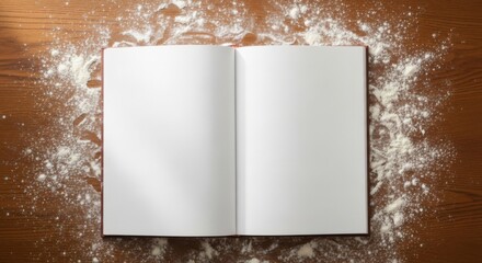Open Blank Notebook on Wooden Surface with Flour Dust Surrounding Pages