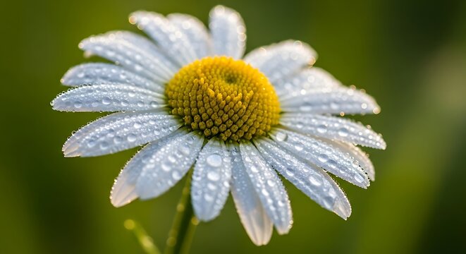A white daisy with a yellow center, covered in fresh morning dew drops.