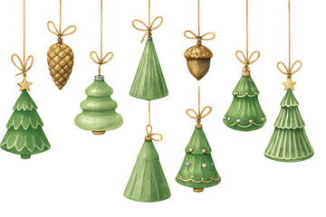Obraz premium Set of Christmas trees decorated with shiny balls bells ribbons and ornaments for holiday celebration