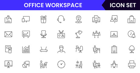 Office workspace vector line icons featuring desks, computers, meetings, teamwork, communication, office supplies, collaboration, schedules, productivity, and professional environment symbols.