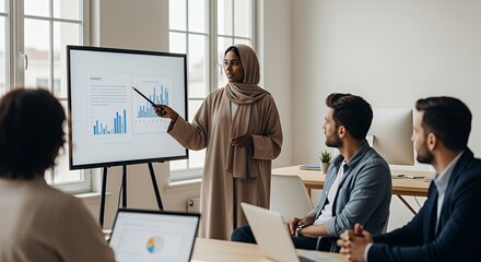 A woman in a hijab confidently presents a business graph to a diverse team during a productive meeting.