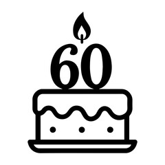 Cake with “60” candle icon for birthday or anniversary with transparent background in black and white style
