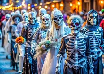 A group of people dressed as skeletons in elaborate costumes walk in a parade during a festive halloween celebration