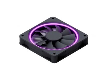 Modern computer cooling fan with vibrant purple led illumination isolated on transparent background