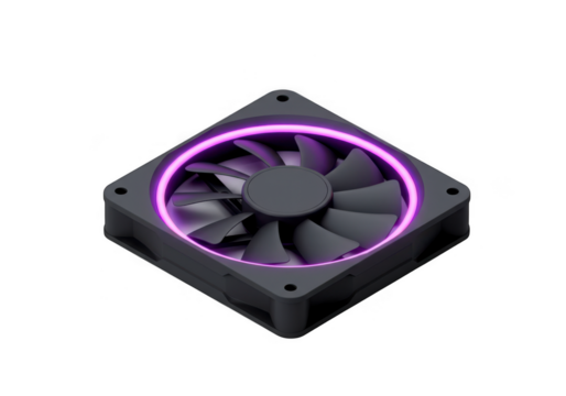 Modern computer cooling fan with vibrant purple led illumination isolated on transparent background