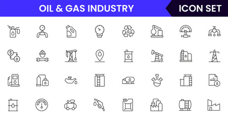 Oil and gas  industry vector line icons featuring drilling rigs, pipelines, fuel tanks, refineries, pumps, energy resources, barrels, and extraction equipment.
