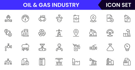 Oil and gas  industry vector line icons featuring drilling rigs, pipelines, fuel tanks, refineries, pumps, energy resources, barrels, and extraction equipment.