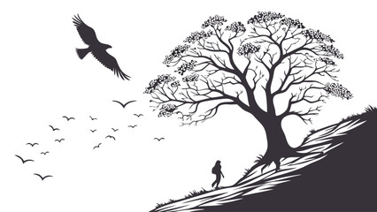 Silhouette of a Tree and Birds in Flight Over a Person on a Hillside
