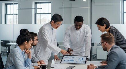 A diverse team of professionals collaborates around a digital tablet displaying data charts and graphs during a business meeting.
