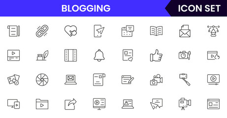 Blogging vector line icons featuring keyboards, posts, content creation, writing, microphones, cameras, social sharing, analytics, and digital communication tools.