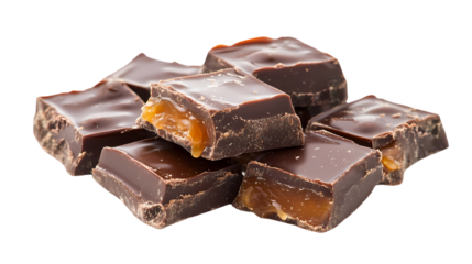 A close up of a square caramel chocolate candy isolated on white background