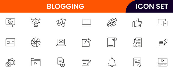Blogging vector line icons featuring keyboards, posts, content creation, writing, microphones, cameras, social sharing, analytics, and digital communication tools.