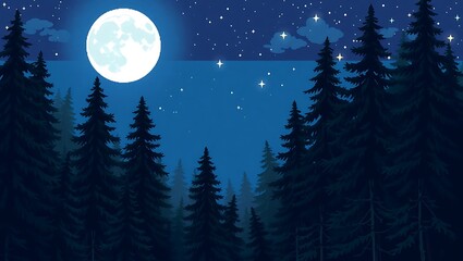 Naklejka premium 8-bit pixel night scene with a full moon illuminating a dense pine forest, glowing soft light on treetops, stars in grid-style layout, cozy retro vibes