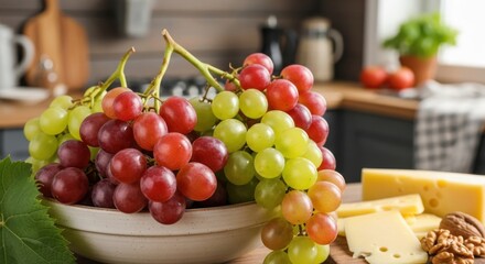Fresh Red and Green Grapes with Assorted Cheeses and Walnuts on a Kitchen Counter