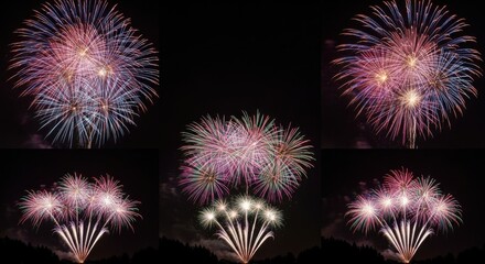 Spectacular displays of vibrant fireworks illuminating the night sky with dazzling bursts of color and light creating a festive atmosphere of celebration and joy