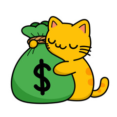 Vector illustration of a cartoon cat hugging a bag of money, use as icon or logo, also good as sticker.