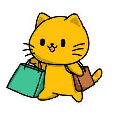 Fototapeta premium Vector illustration of a cartoon cat carrying shopping bags, use as icon or logo, also good as sticker.