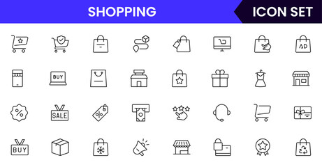 Shopping vector line icons featuring carts, bags, stores, price tags, payments, discounts, delivery, customer service, and retail elements.