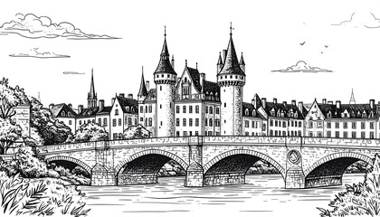 Fototapeta premium Vintage European cityscape, detailed illustration with castle and bridge artistry