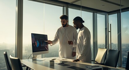 Two businessmen in traditional attire collaborate on a computer, analyzing financial data in a modern with a stunning city view.
