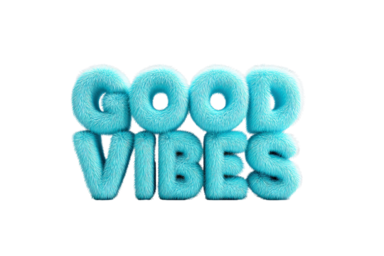 Cute Blue Furry Text Saying Good Vibes on Transparent Background