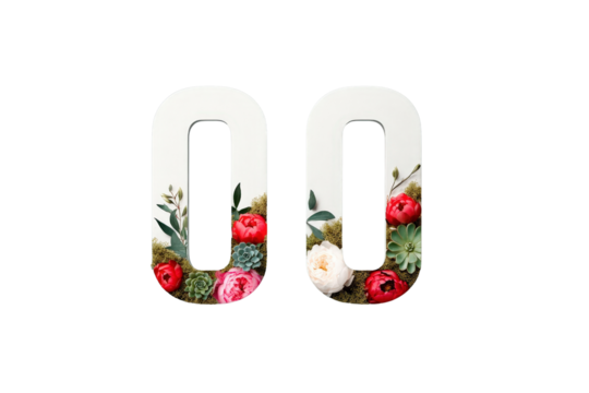 Number Zero Decorative Floral Art with Bright Red and White Flowers on Transparent Background