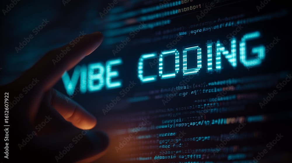 Fototapete close-up of finger touching screen displaying code with the words 'vibe coding' in blue digital lett