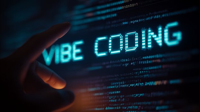 Close-up of finger touching screen displaying code with the words 'VIBE CODING' in blue digital letters. Concept for software development, data visualization and blockchain technology startup by IT