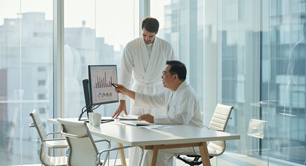 Two professionals in white robes collaborate on a financial graph displayed on a computer screen in a modern setting.