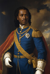 Portrait of a Regal Officer in Blue and Gold Uniform with White Gloves, Historical Oil Painting Style