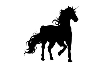 Vector unicorn silhouette in front leg pose. Unicorn walking pose silhouette art for graphic design or tattoo design.