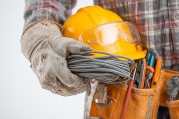 Gloved hand holding coiled wire with hardhat and tool belt, concept for electrical installation, industrial safety and construction maintenance worker